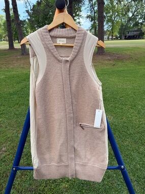 Anthropologie SHAE Sweater Vest Large Beige Silk Trim Zip Front Layering Top